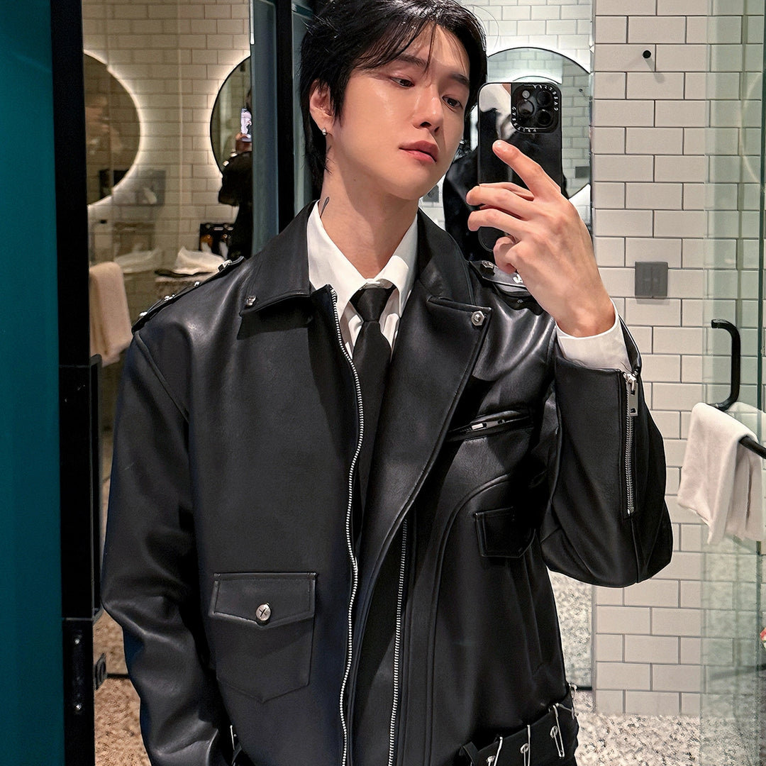 Buckle Detail Motorcycle Leather Jacket