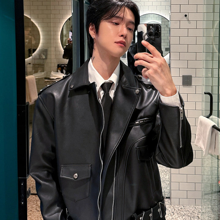 Buckle Detail Motorcycle Leather Jacket