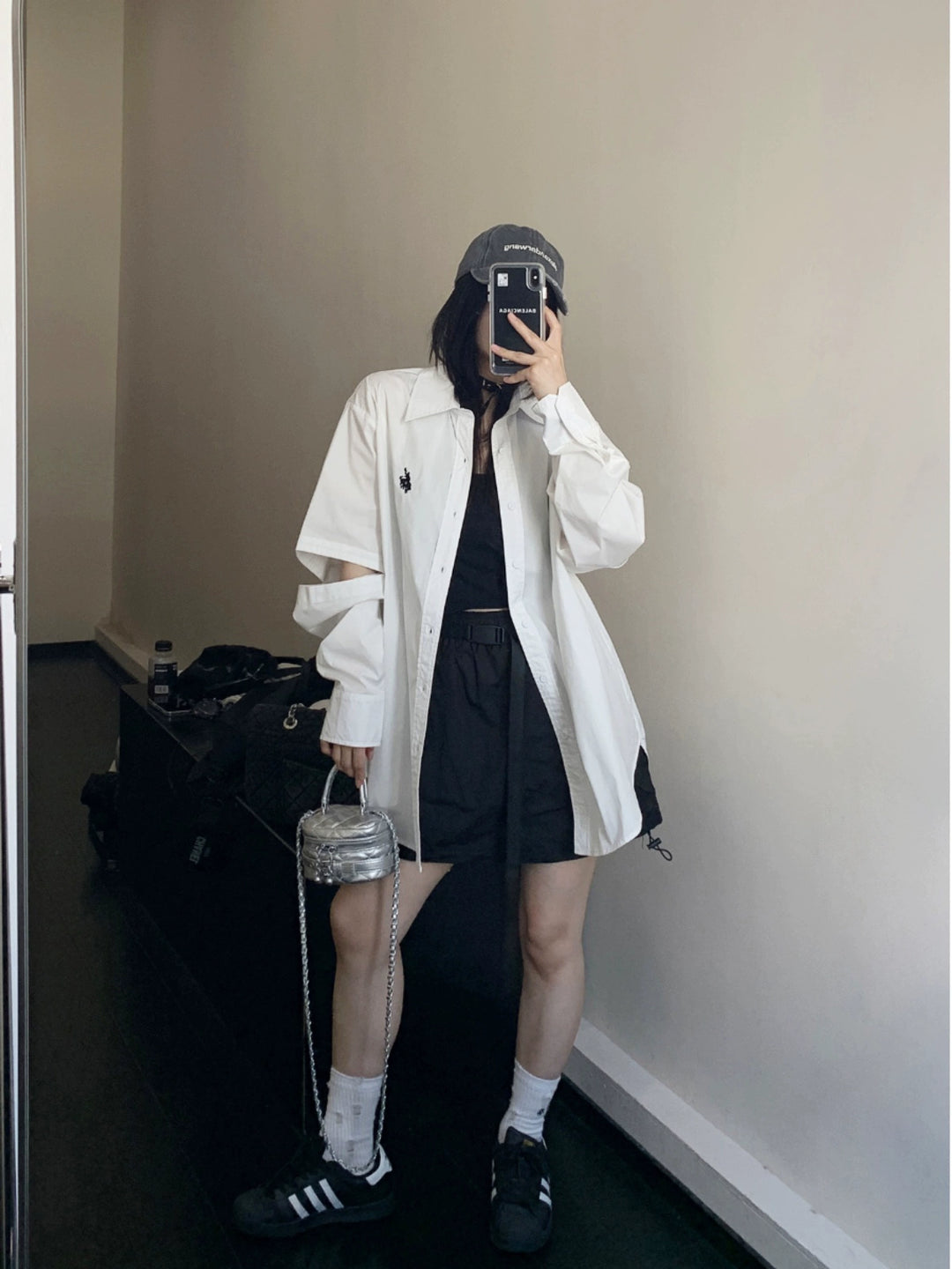 Oversized Cut-Out Sleeve Embroidered Shirt