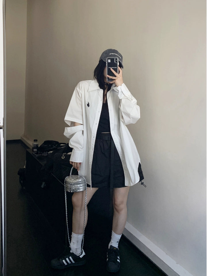 Oversized Cut-Out Sleeve Embroidered Shirt