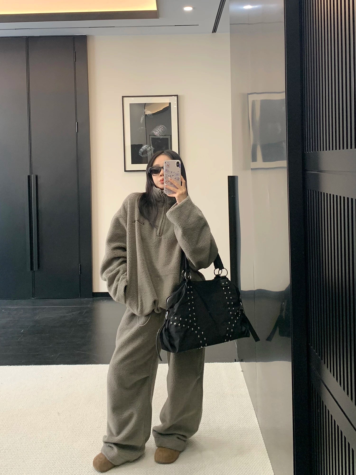 Ensemble de sweat-shirt à col montant en polaire et pantalon 