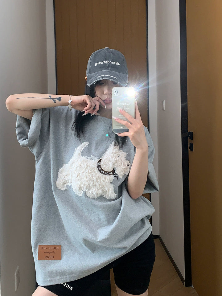 Plush Dog Embroidery Loose Cartoon T-shirt