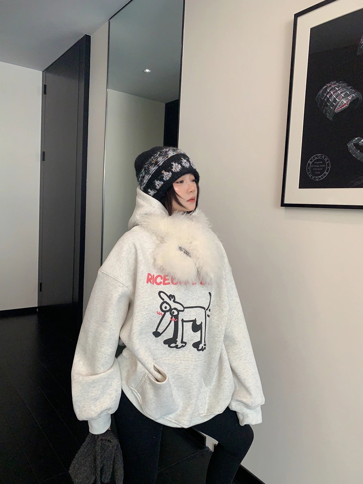 Felpa con cappuccio in pile con stampa cartoon oversized 