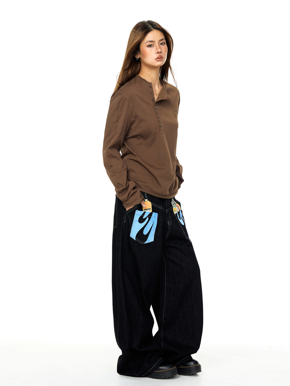 Retro Henley Collar Embroidered Long Sleeve Top 5