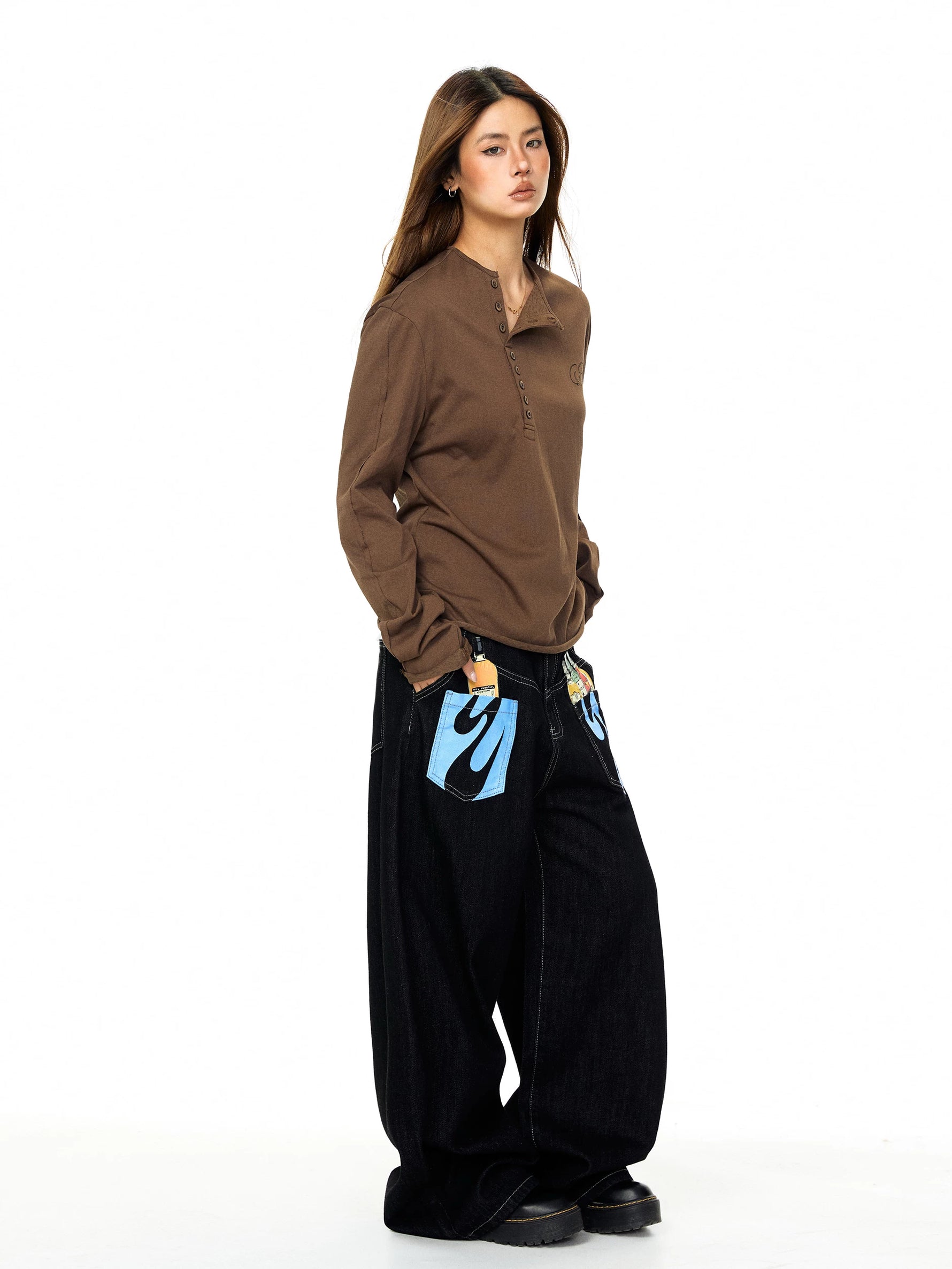 Retro Henley Collar Embroidered Long Sleeve Top 5