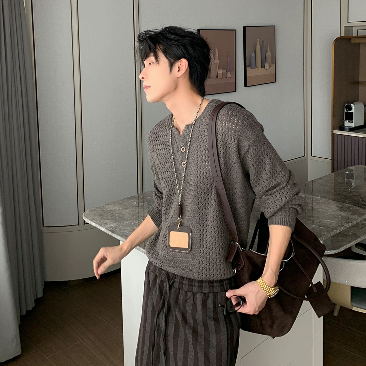 Cotton Knit Henry Collar Sweater