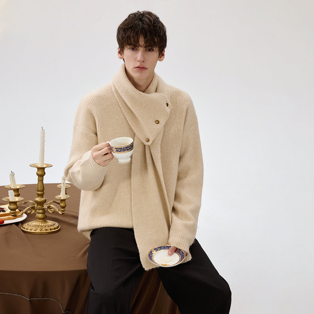 Metal Buckle Detachable Scarf Knit Sweater