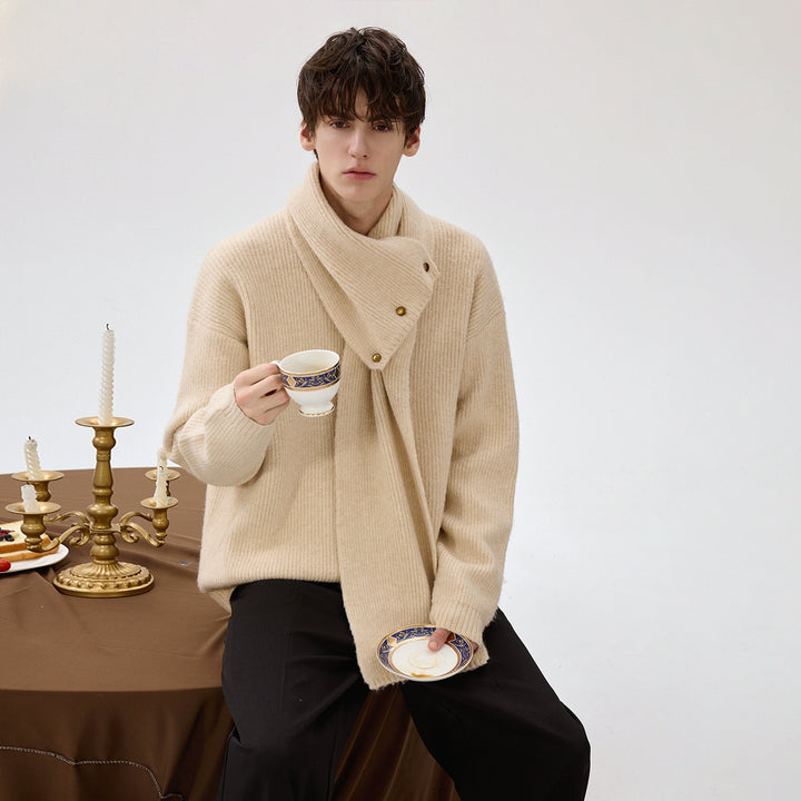 Metal Buckle Detachable Scarf Knit Sweater