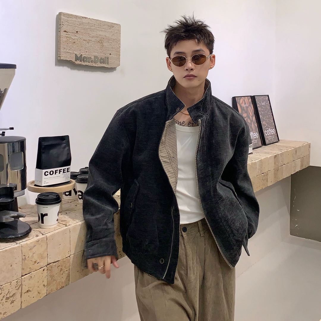 Chenille Yarn Plaid Stand Collar Jacket