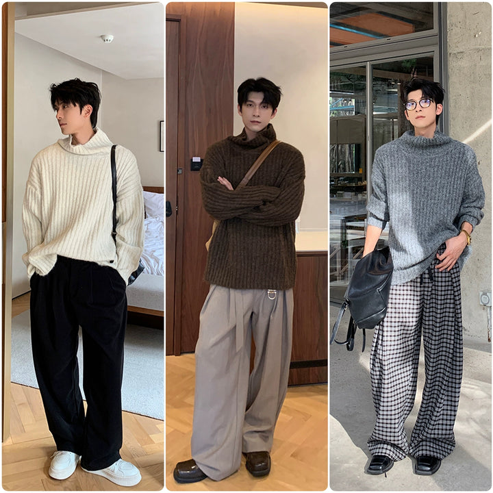 Suéter de Tricô de Lã com Gola Alta Canelada 