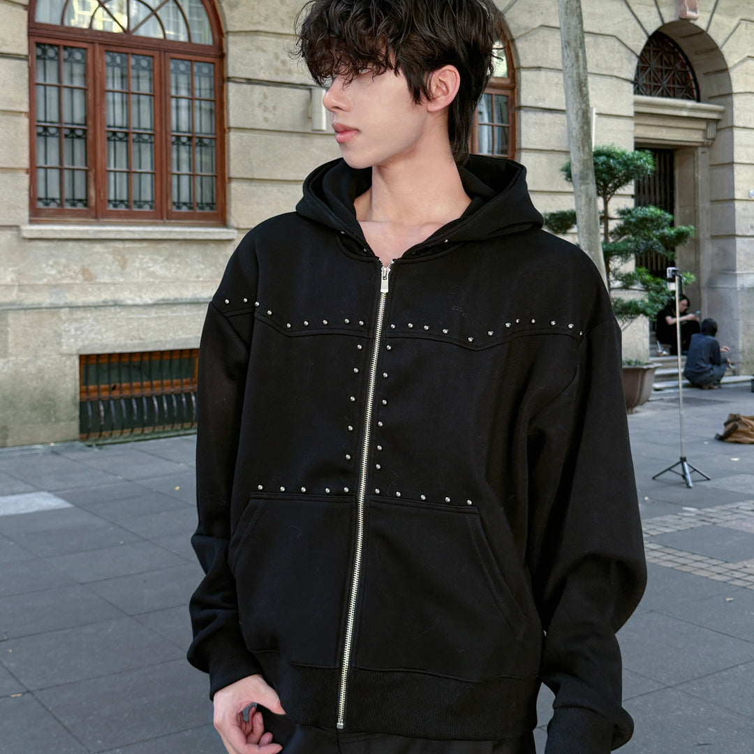 Studded Zip Up Hooded Sweatshirt Pullover