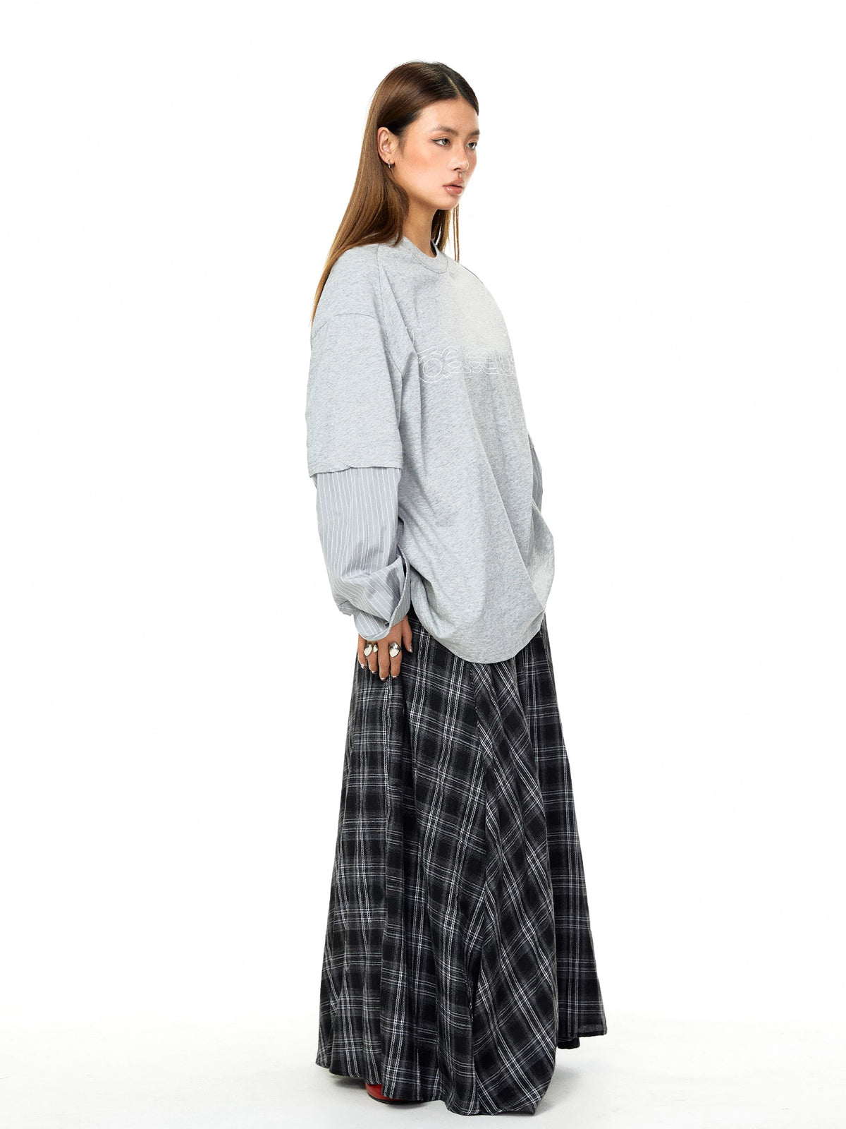 Faux Layered Striped Sleeve Graphic Pullover 4