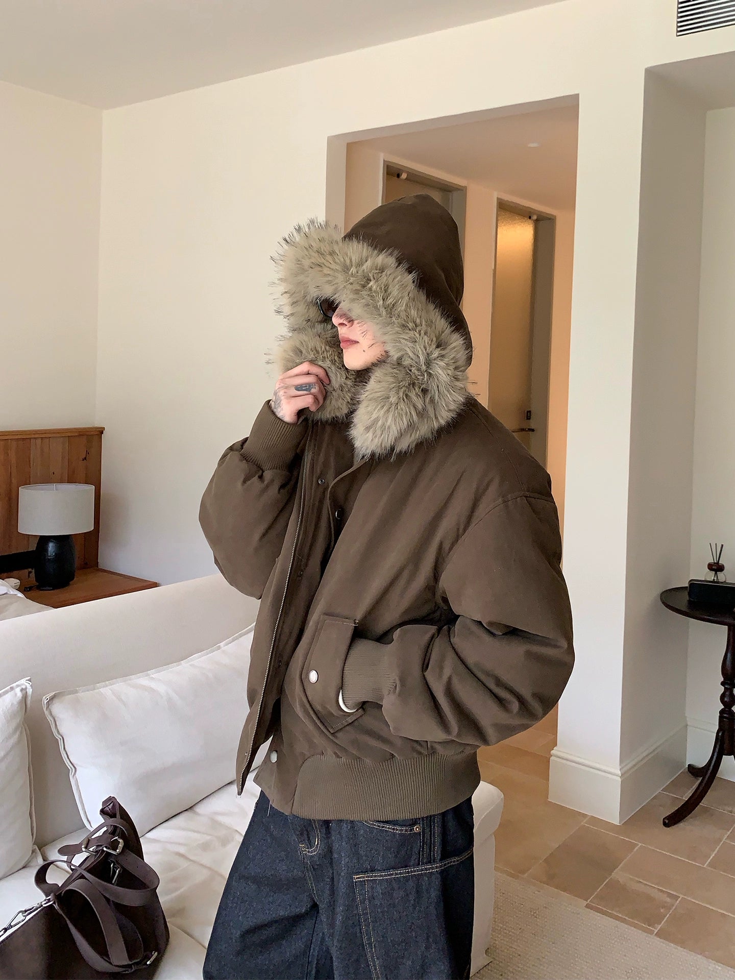 Faux-Fur-Kragen Kapuzen-Puffermantel 