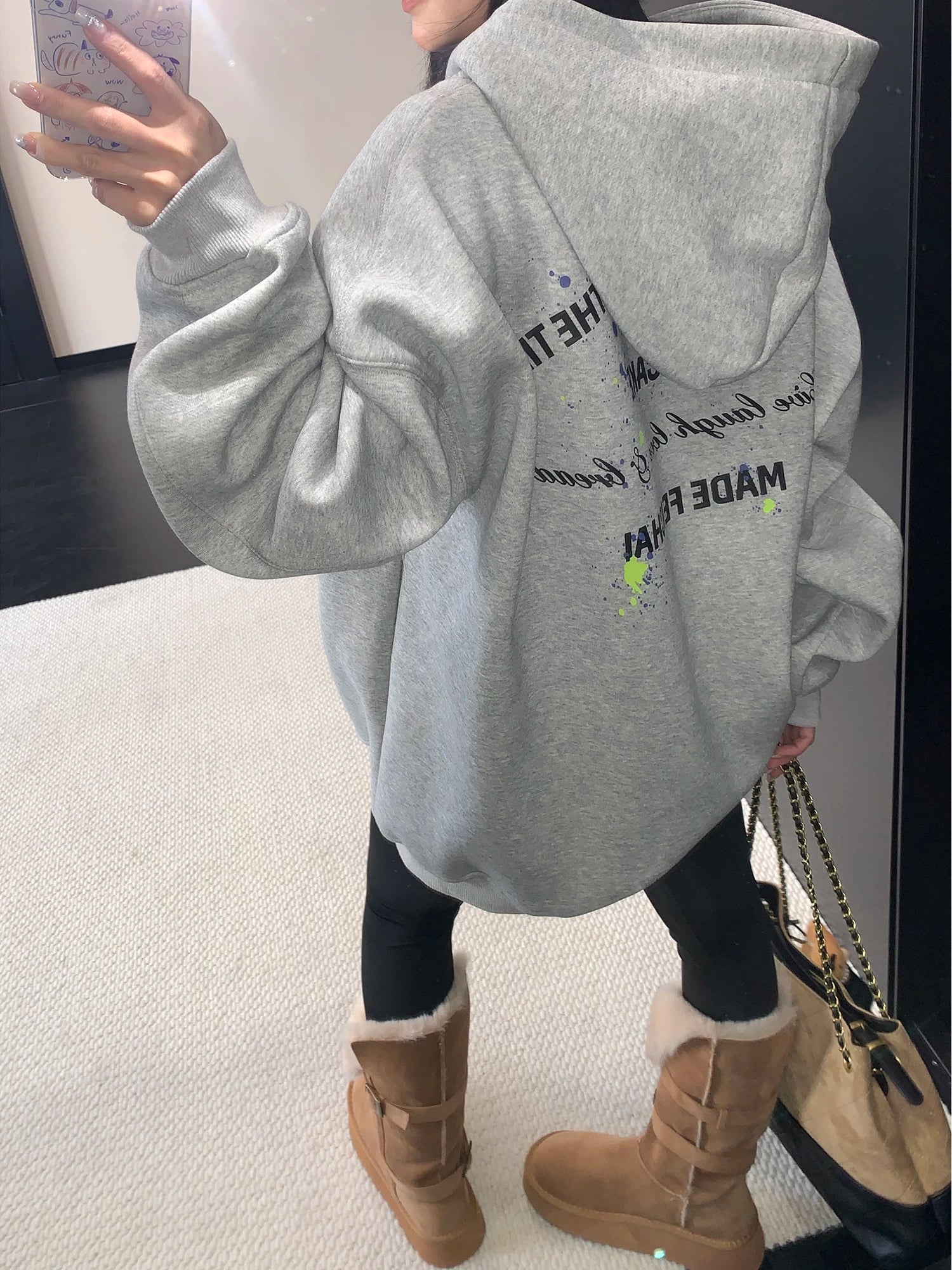 Felpa con cappuccio in pile oversize foderata in pile 