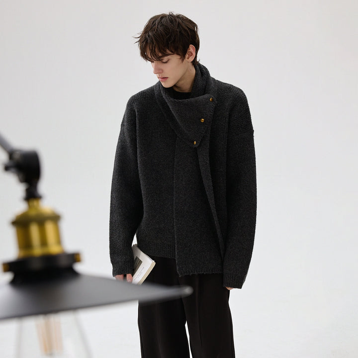 Metal Buckle Detachable Scarf Knit Sweater
