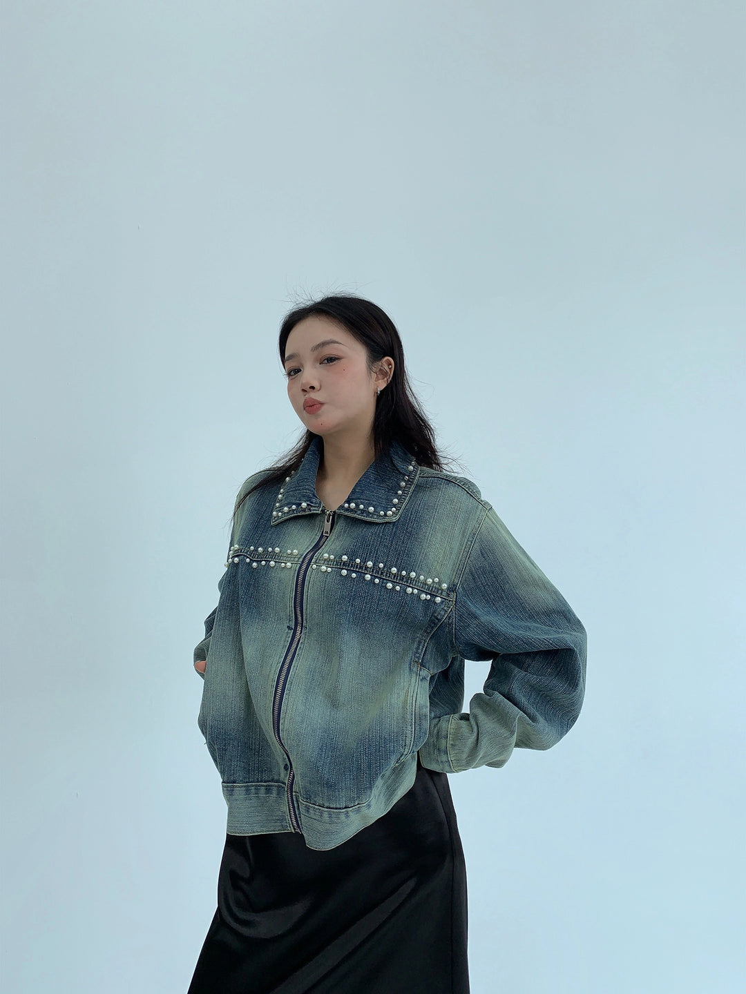 Distressed Beaded Denim Jacket
