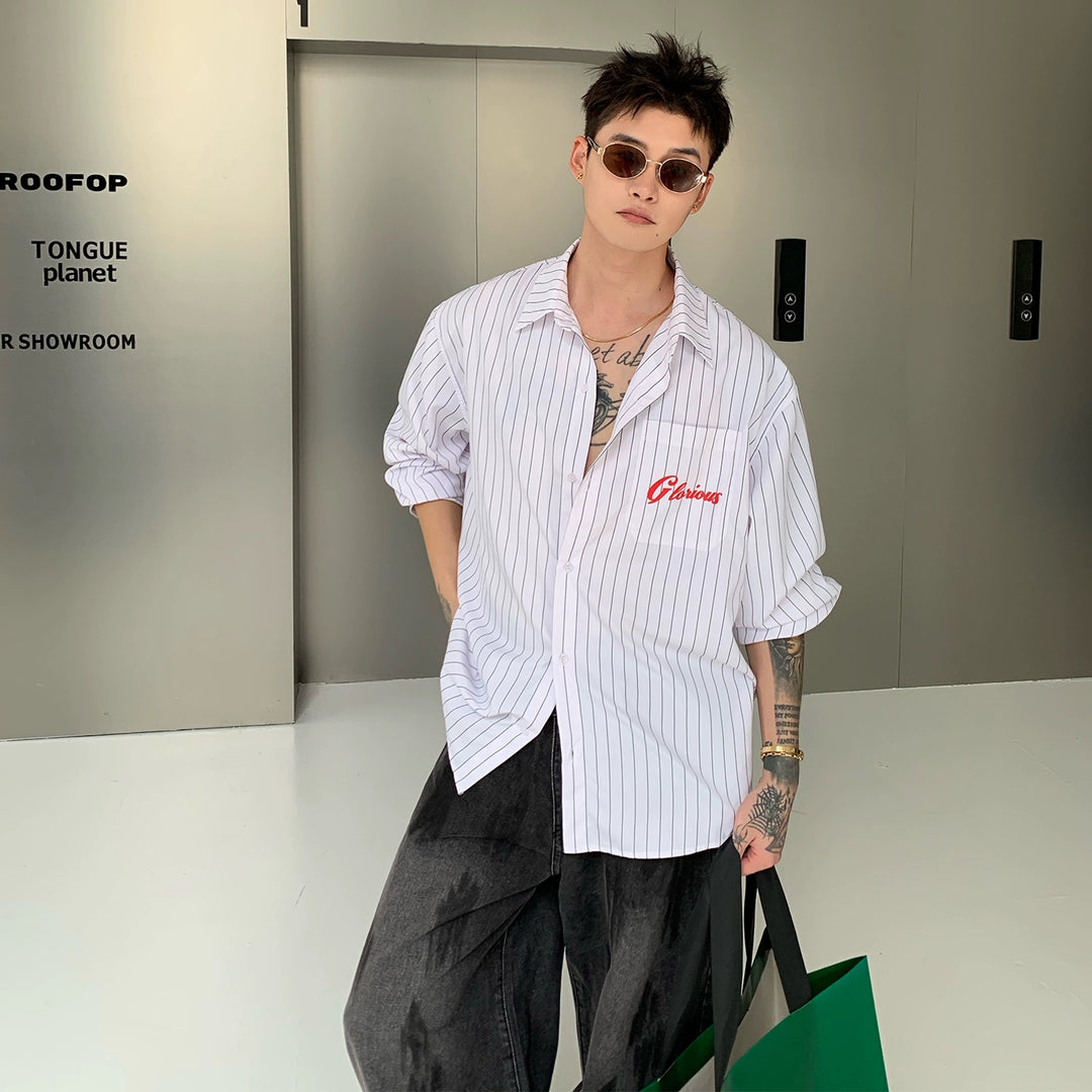 Letter Print Vertical Stripe Long Sleeve Shirt