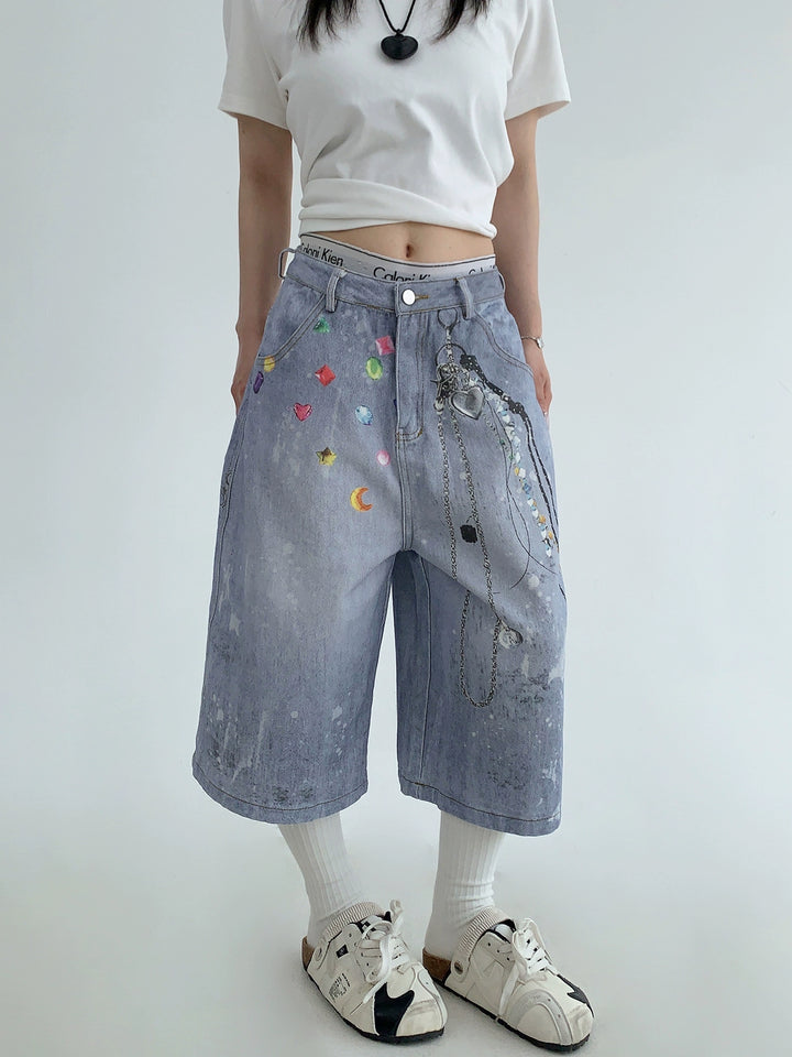 Graffiti Print Denim Cropped Pants