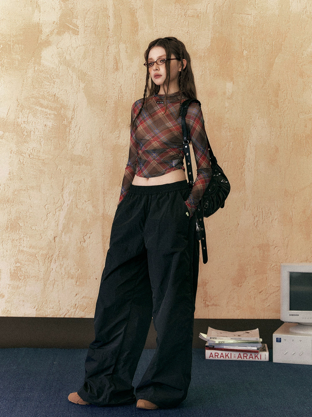 Haut à col roulé à manches courtes en tartan slim fit rétro 