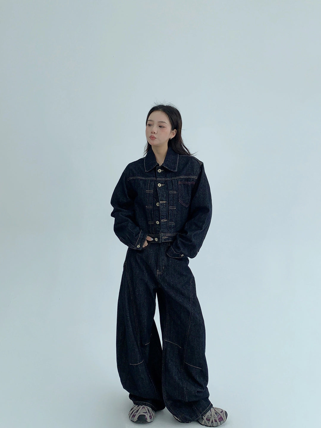 Conjunto de chaqueta de mezclilla suelta retro y pantalones 
