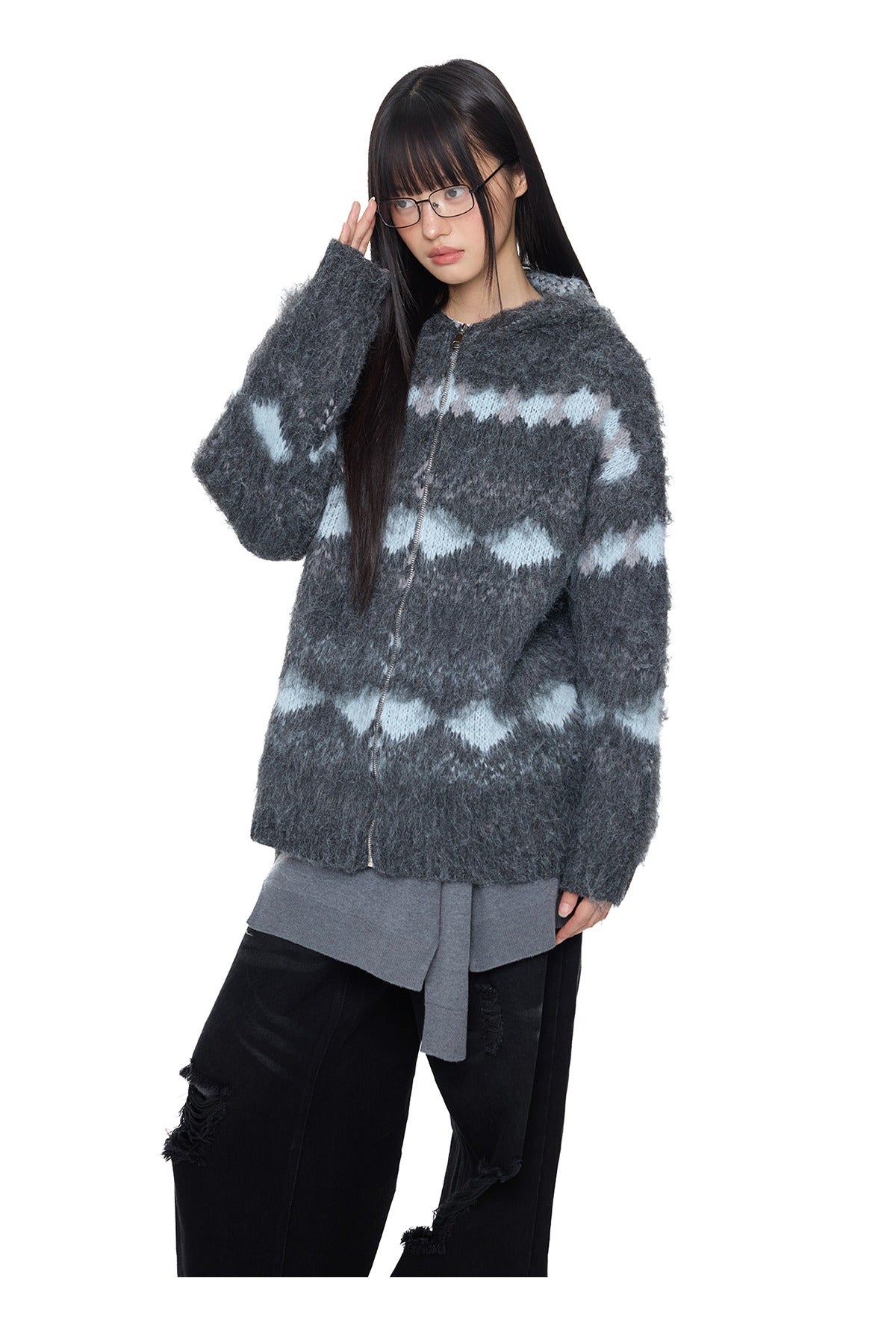 フェアアイルフード付きニットジップカーディガン 