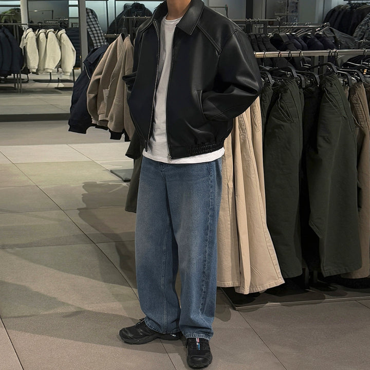 Retro volná krátká kožená bunda 