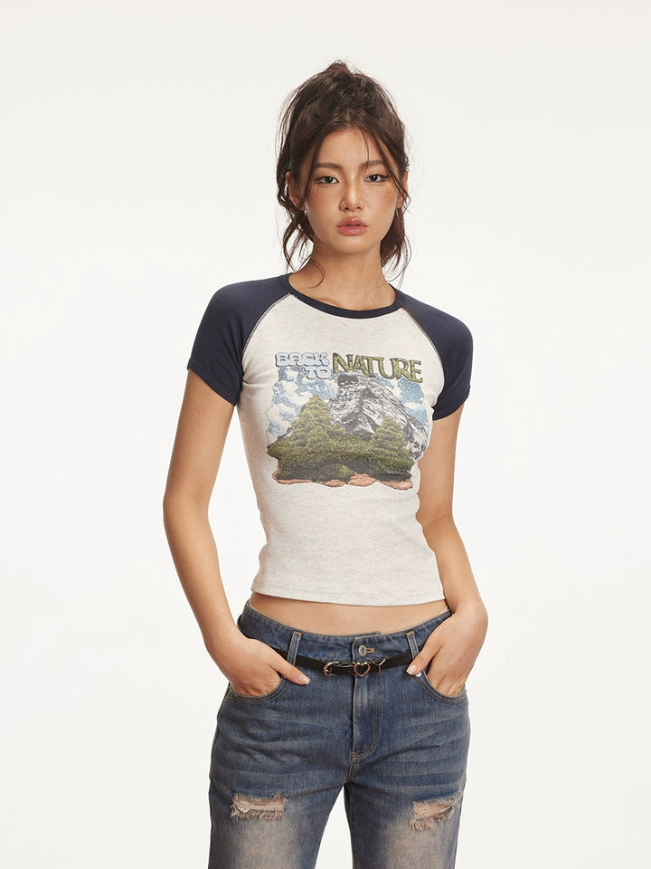 Haut graphique slim à manches courtes en raglan rétro 