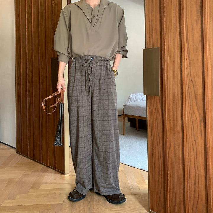 Elastic Waist Plaid Wide-Leg Pants