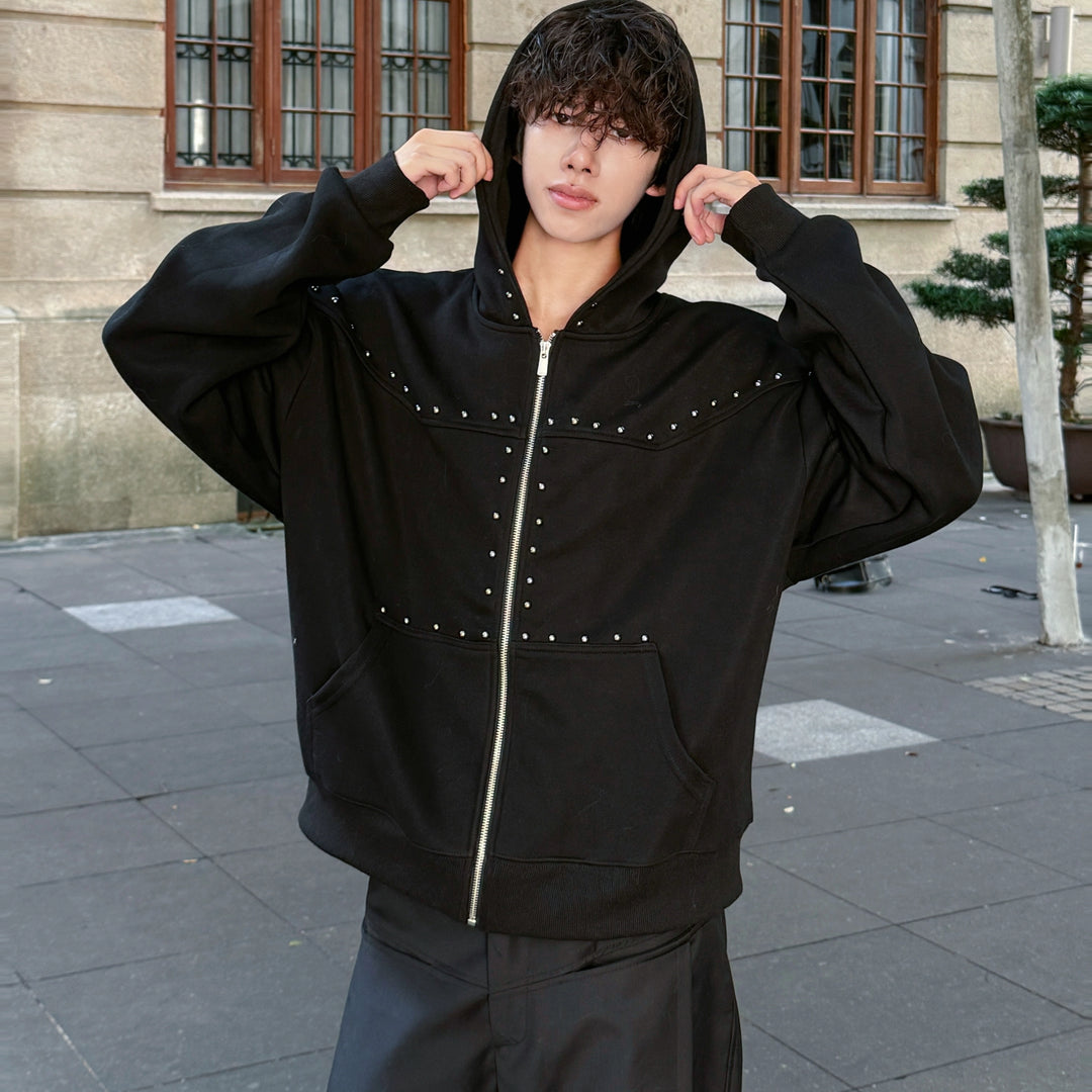 Studded Zip Up Hooded Sweatshirt Pullover