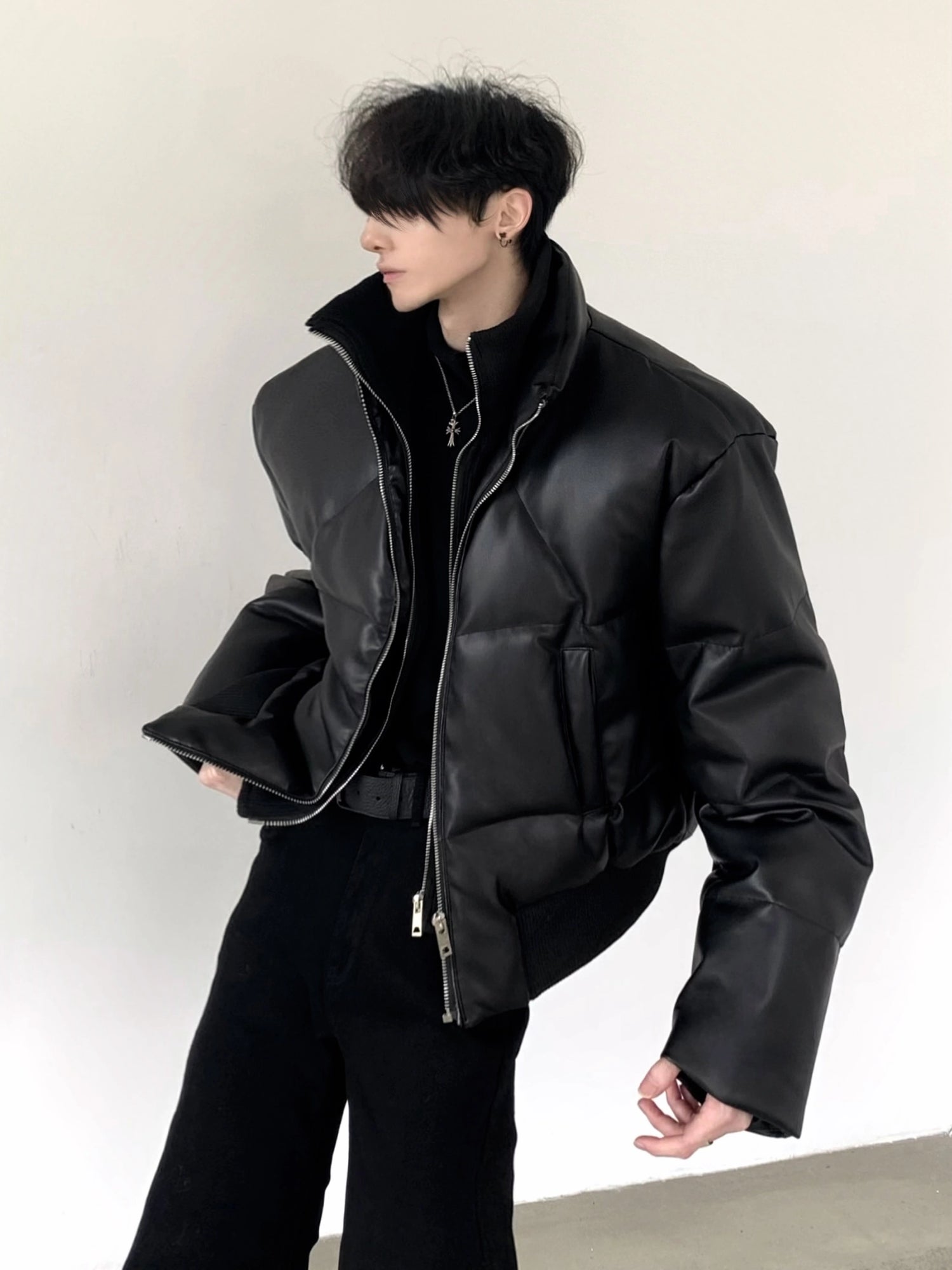 Stand Collar Faux Leather Puffer Jacket