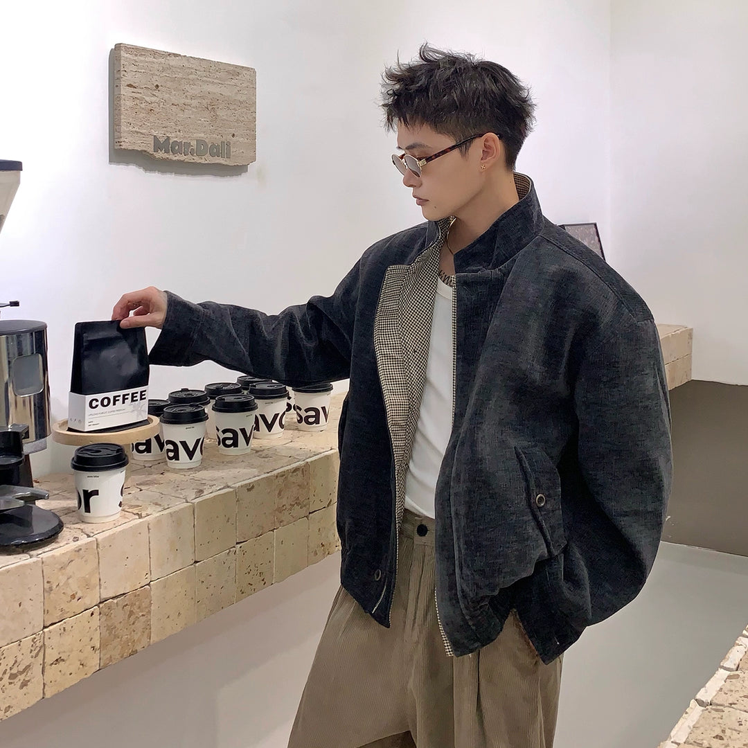 Chenille Yarn Plaid Stand Collar Jacket