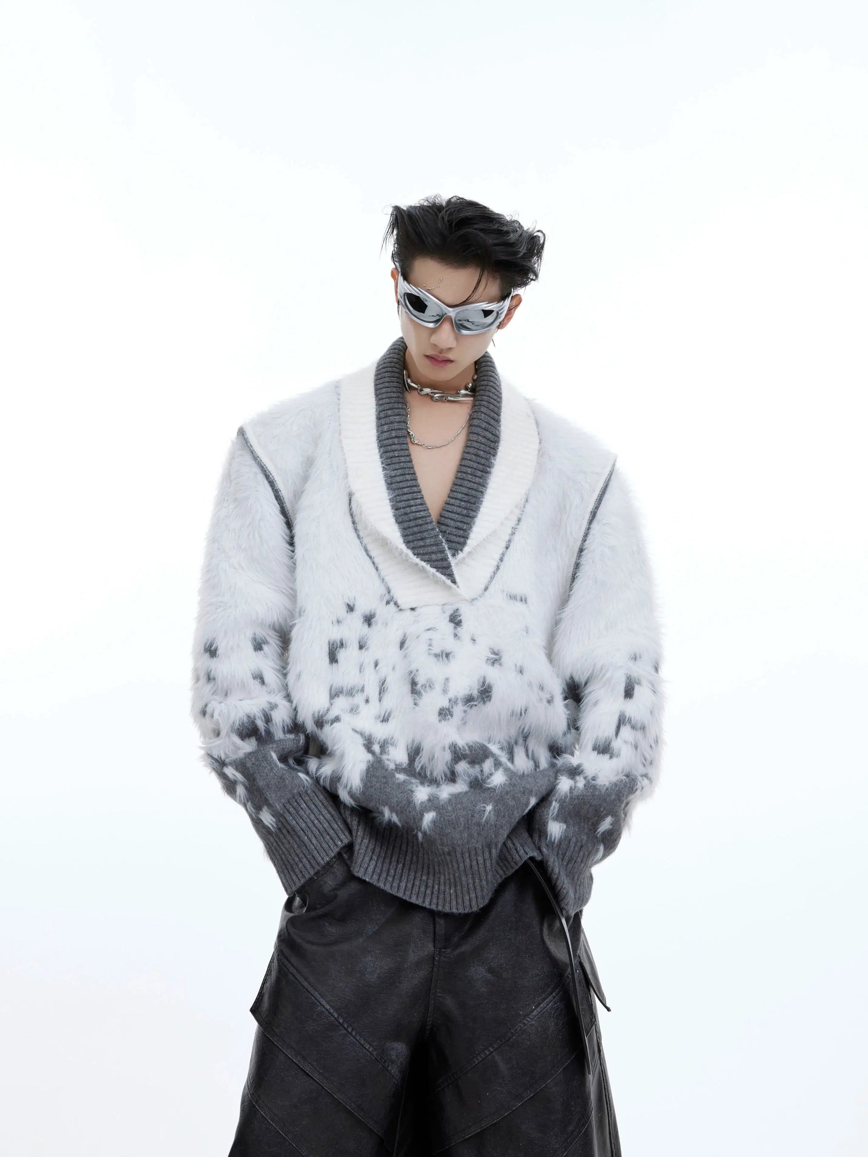 Ombre V-Neck Faux Mink Plush Sweater