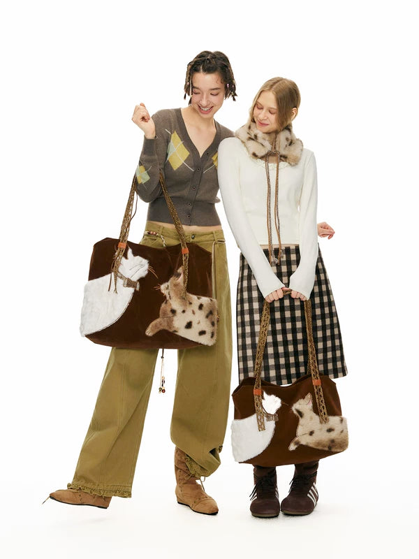 Fluffy Cat Embroidered Faux Fur Tote Bag 2