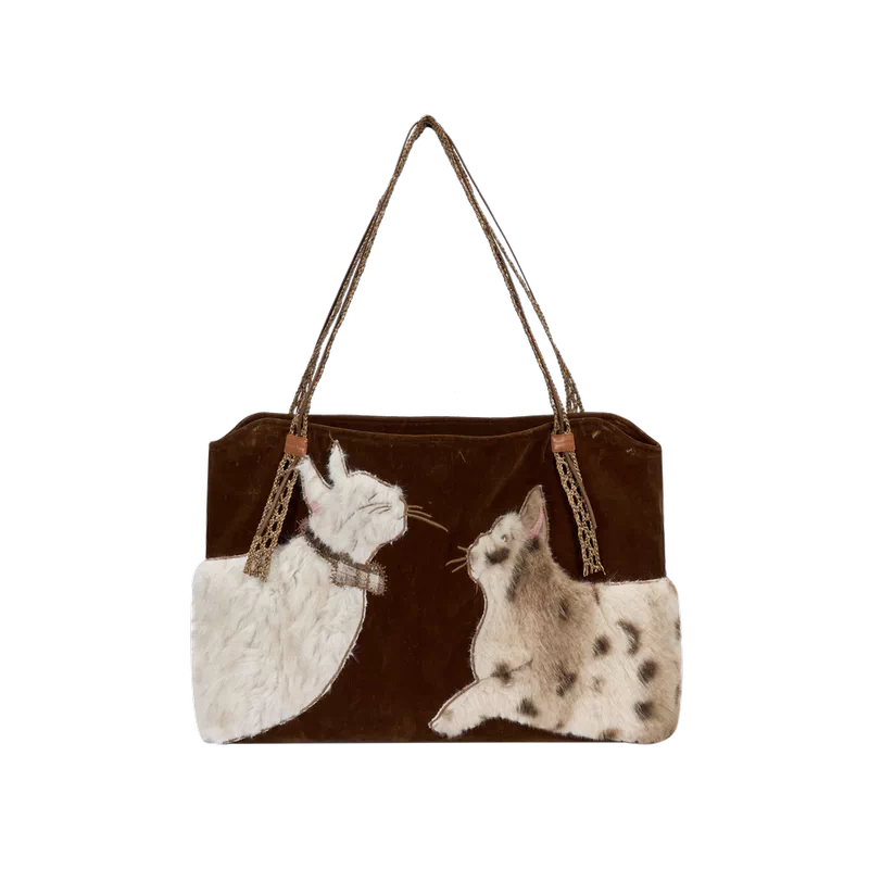 6119877003485, Fluffy Cat Embroidered Faux Fur Tote Bag
