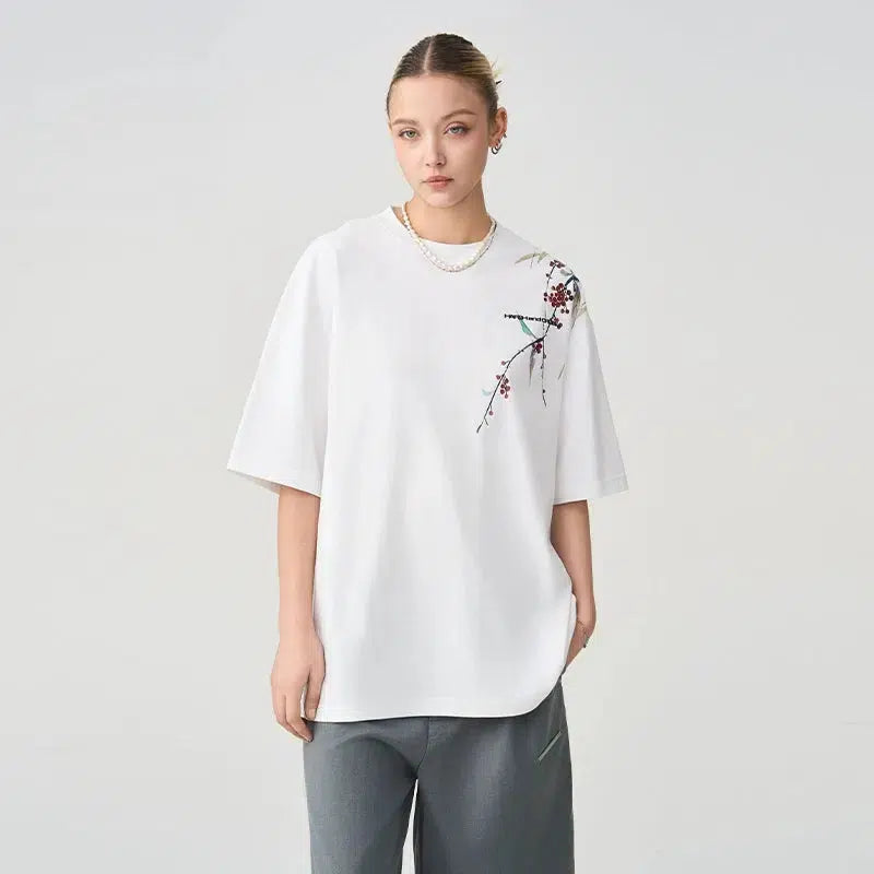 Over-the-shoulder Ink Floral Print T-shirt