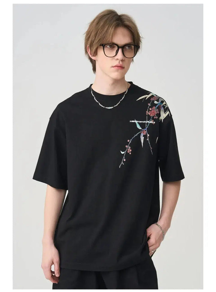 Over-the-shoulder Ink Floral Print T-shirt