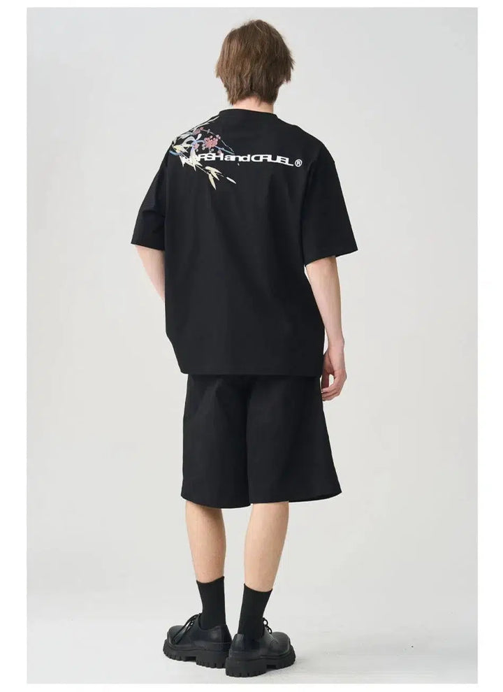 Over-the-shoulder Ink Floral Print T-shirt