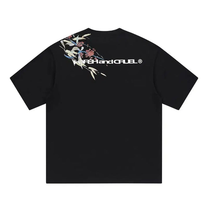 Over-the-shoulder Ink Floral Print T-shirt