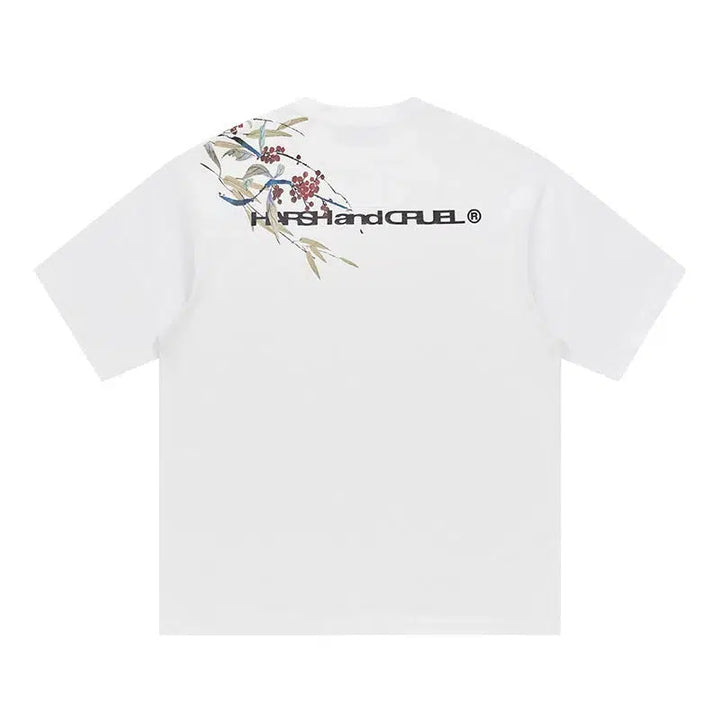Over-the-shoulder Ink Floral Print T-shirt