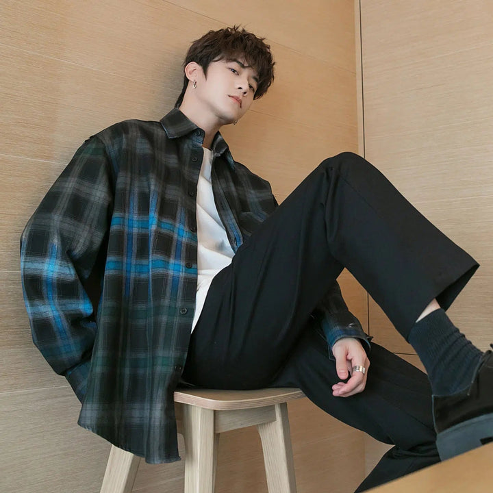 Oversized Gradient Color Plaid Shirt