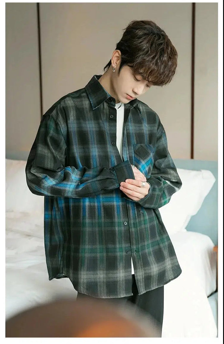 Oversized Gradient Color Plaid Shirt