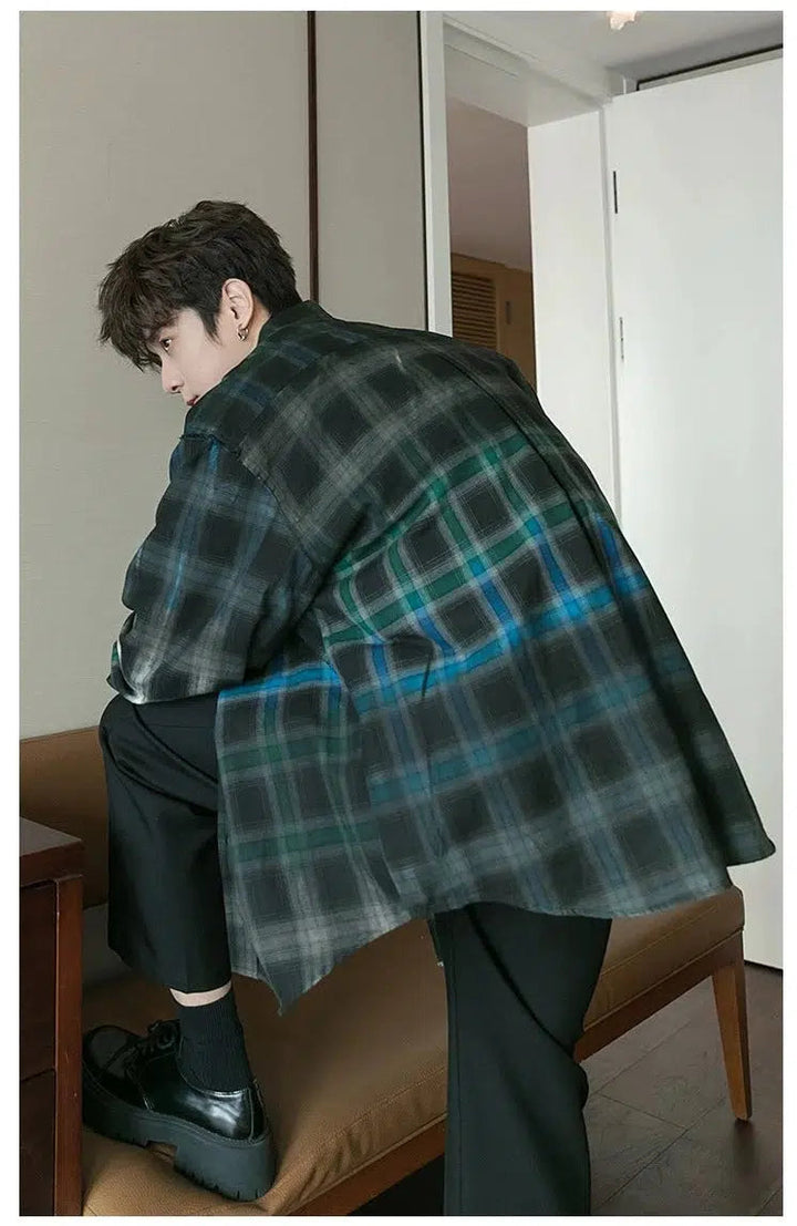 Oversized Gradient Color Plaid Shirt