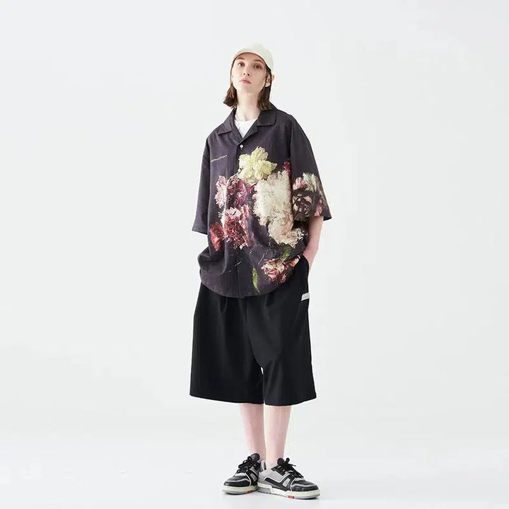 Oversized Painting Flower Cuban Collar Shirt
