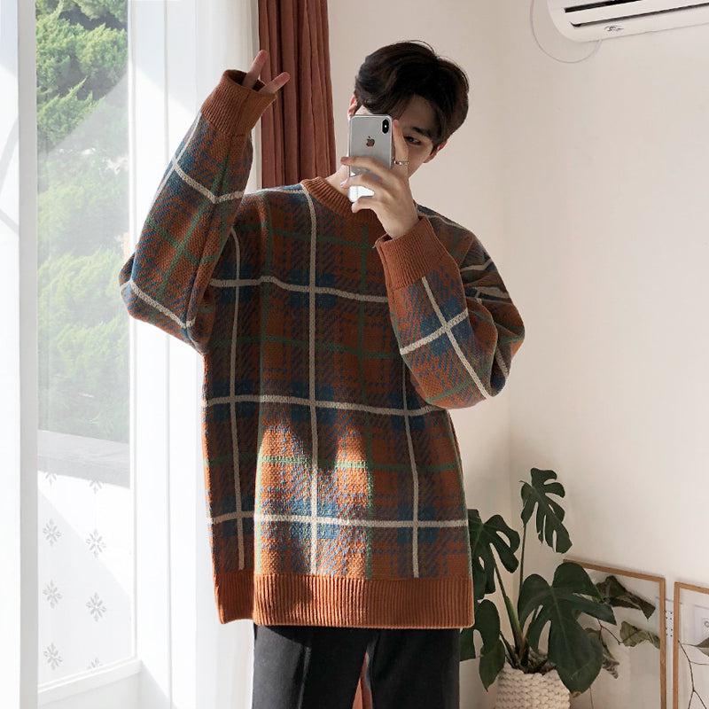 TKF15 Plaid Sweater The Korean Fashion M Red Brown