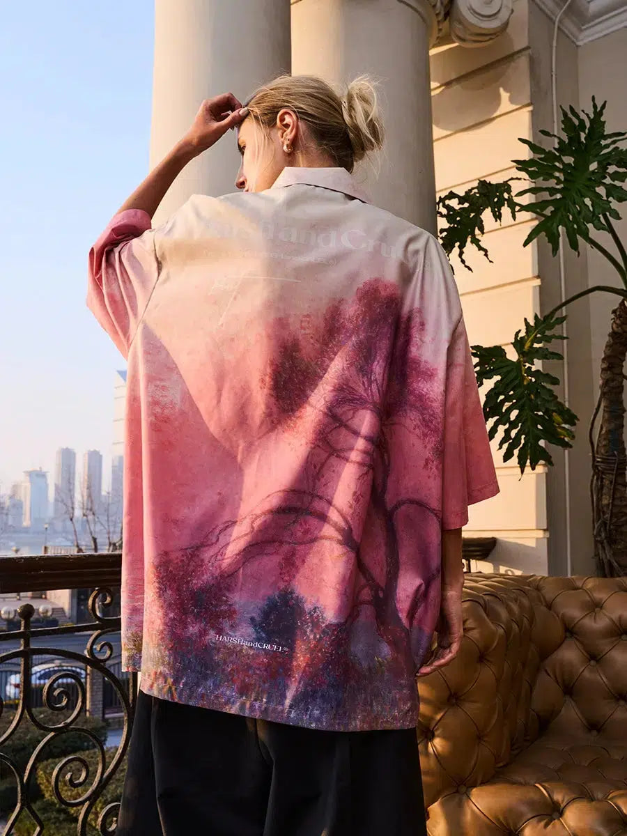 Oversized Sunset Forest Printed Shirt