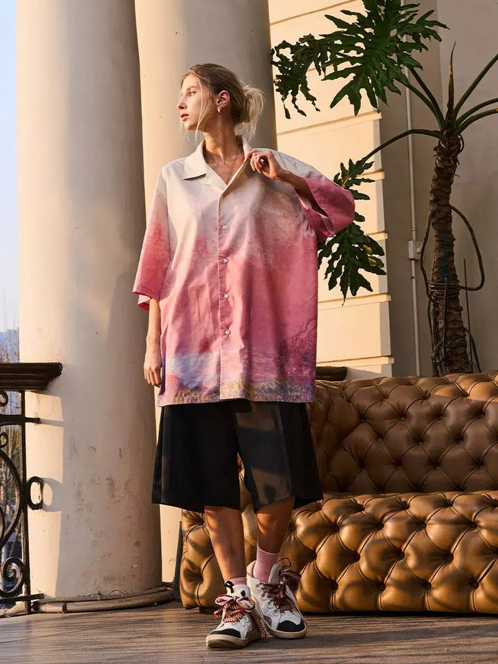 Oversized Sunset Forest Printed Shirt