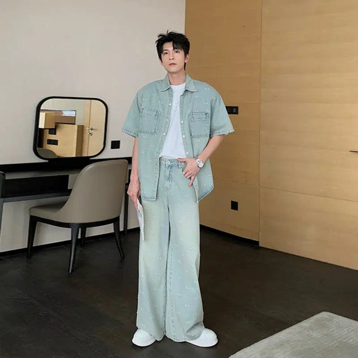 Pale Blue Paint-Splattered Denim Set