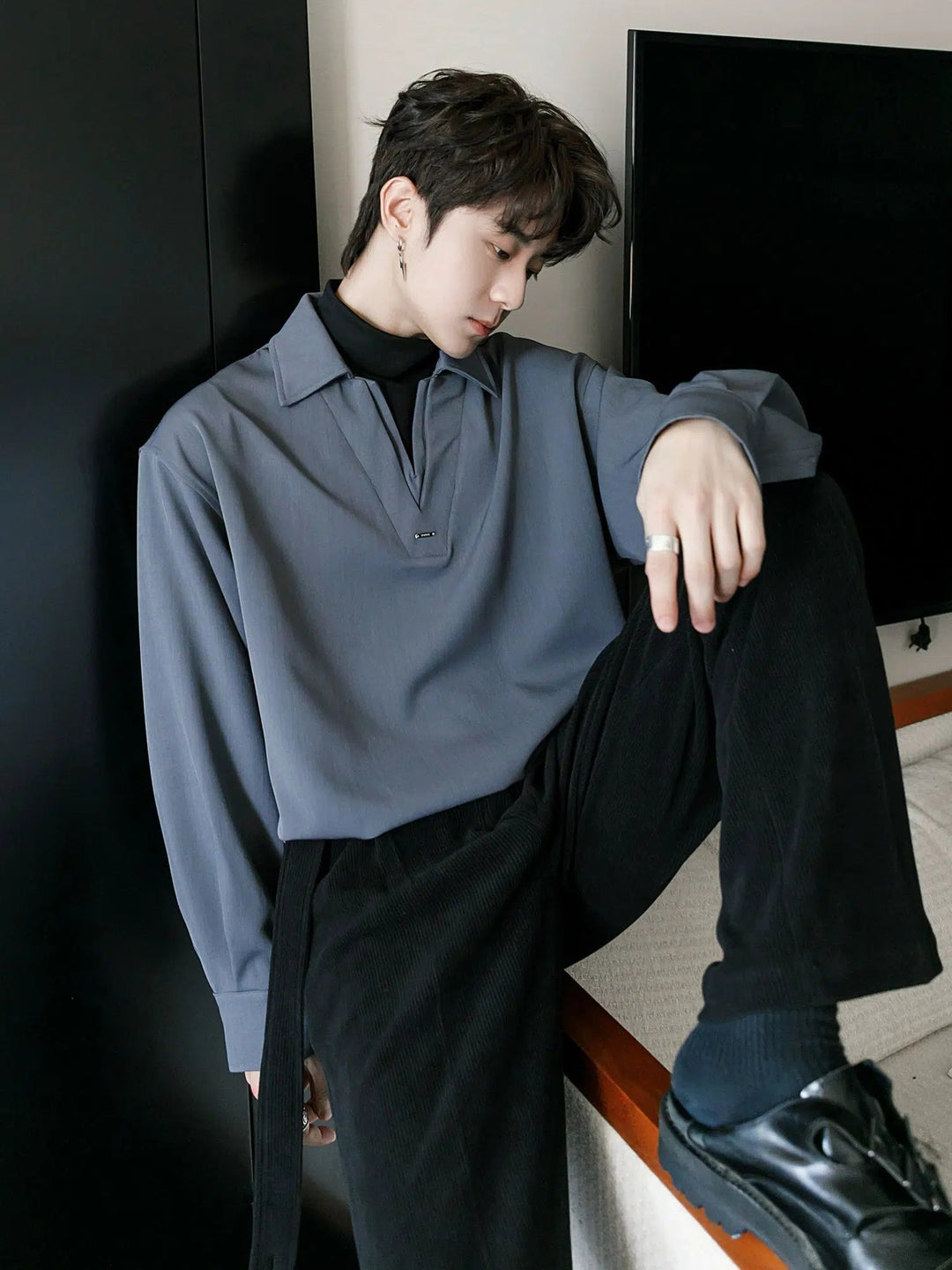 Patchwork High Collar Long Sleeve Shirt