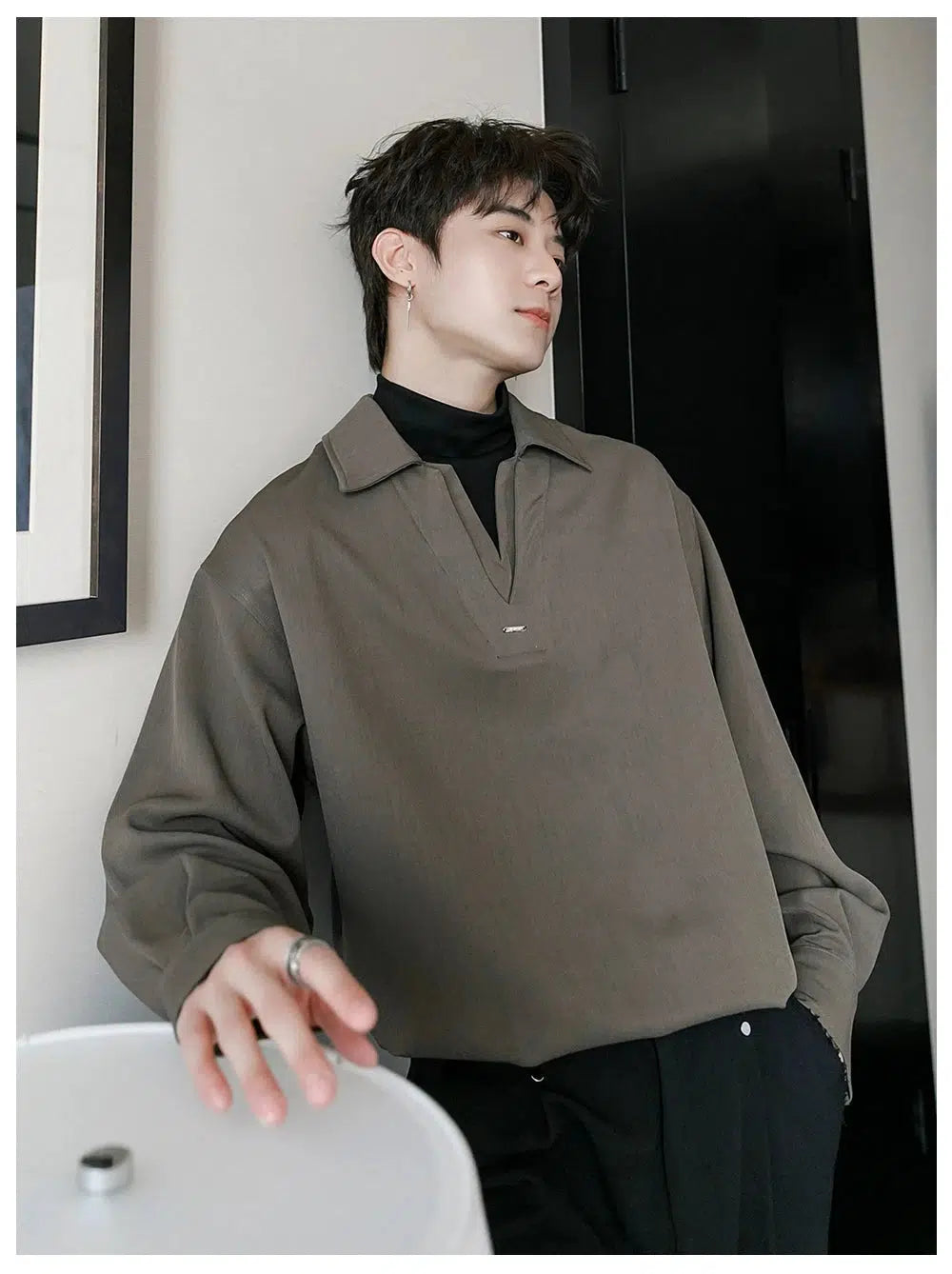 Patchwork High Collar Long Sleeve Shirt