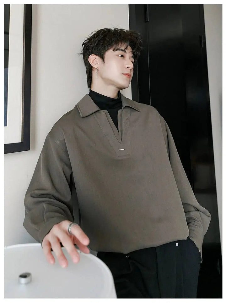 Patchwork High Collar Long Sleeve Shirt